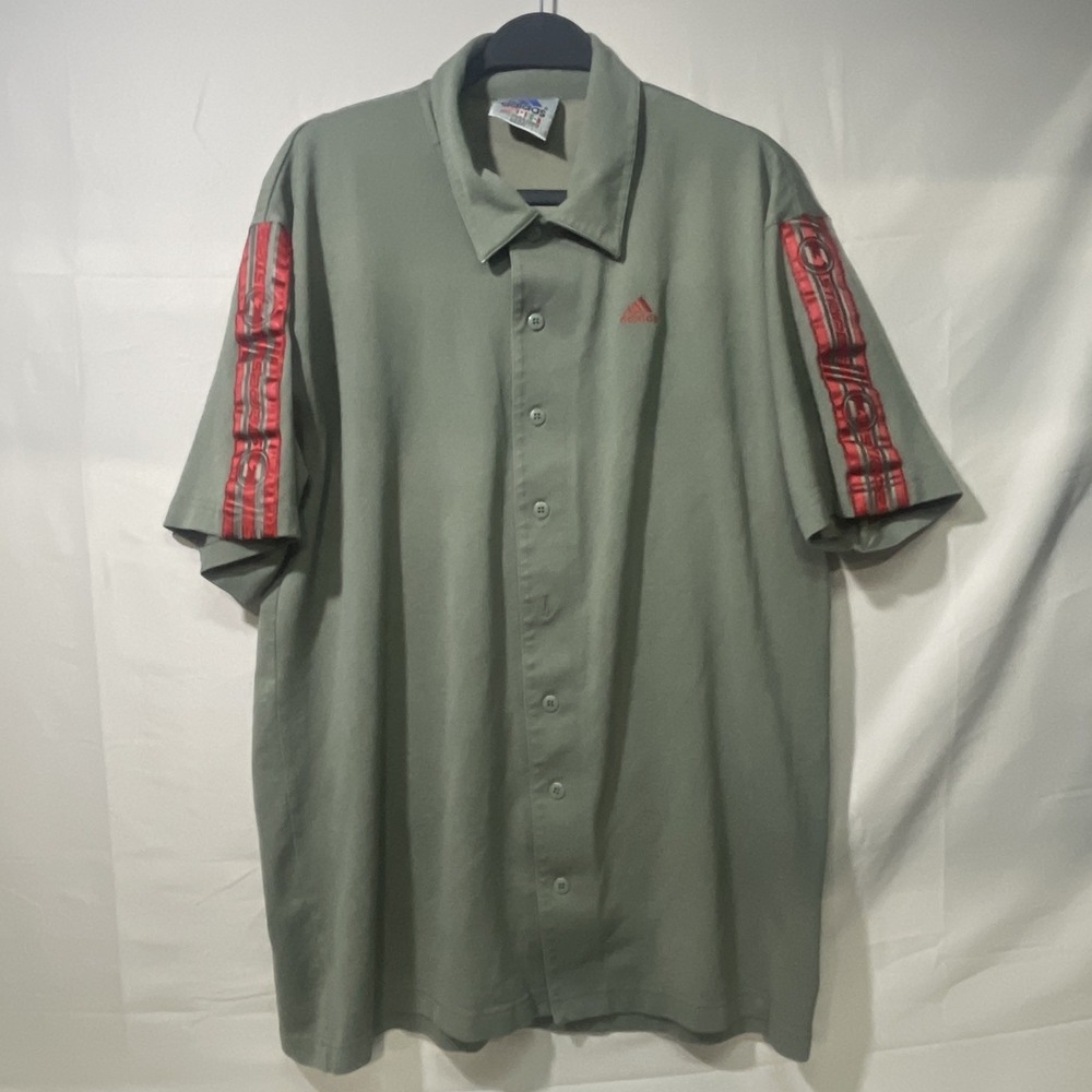 Vintage Adidas Originals Green 3 Stripes Knit Short Sleeve Button Up Mens XL Y2K - Picture 2 of 7